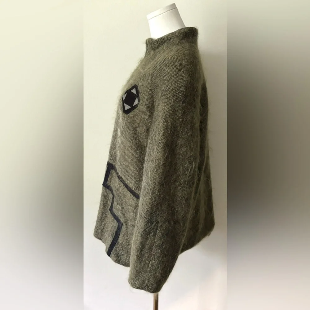 Vintage 80s‎ Canadian Green Wool Mohair Artistic Bohemian Funky Appliqué Coat - Picture 6 of 12